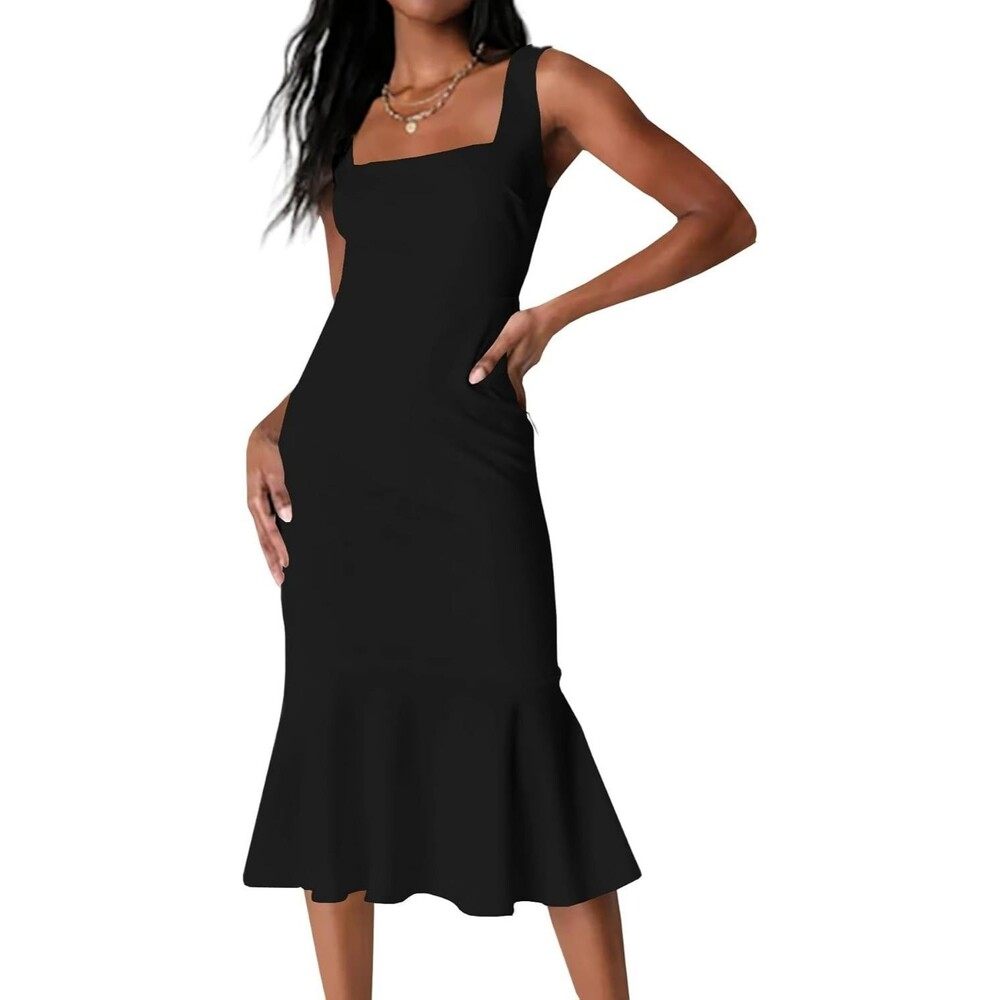 Misng Women's Tank Midi Dress MEDIUM Black Ruffle Hem Elegant Sleeveless Bodycon